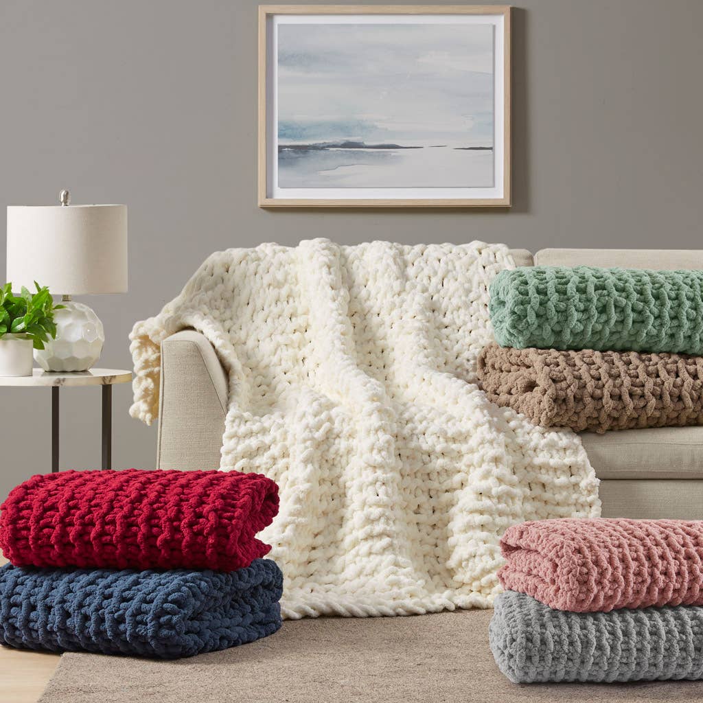 Handmade Chenille Chunky Knit Throw 50x60", Navy Blue