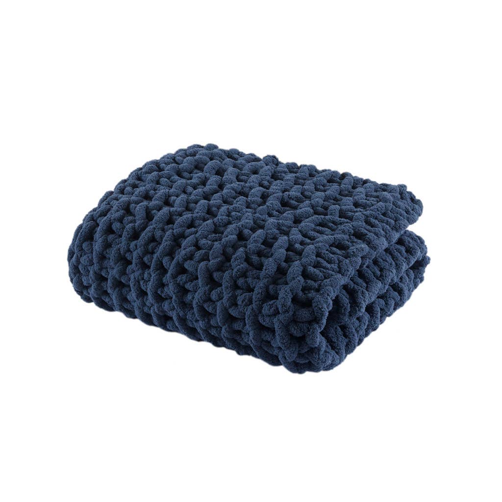 Handmade Chenille Chunky Knit Throw 50x60", Navy Blue