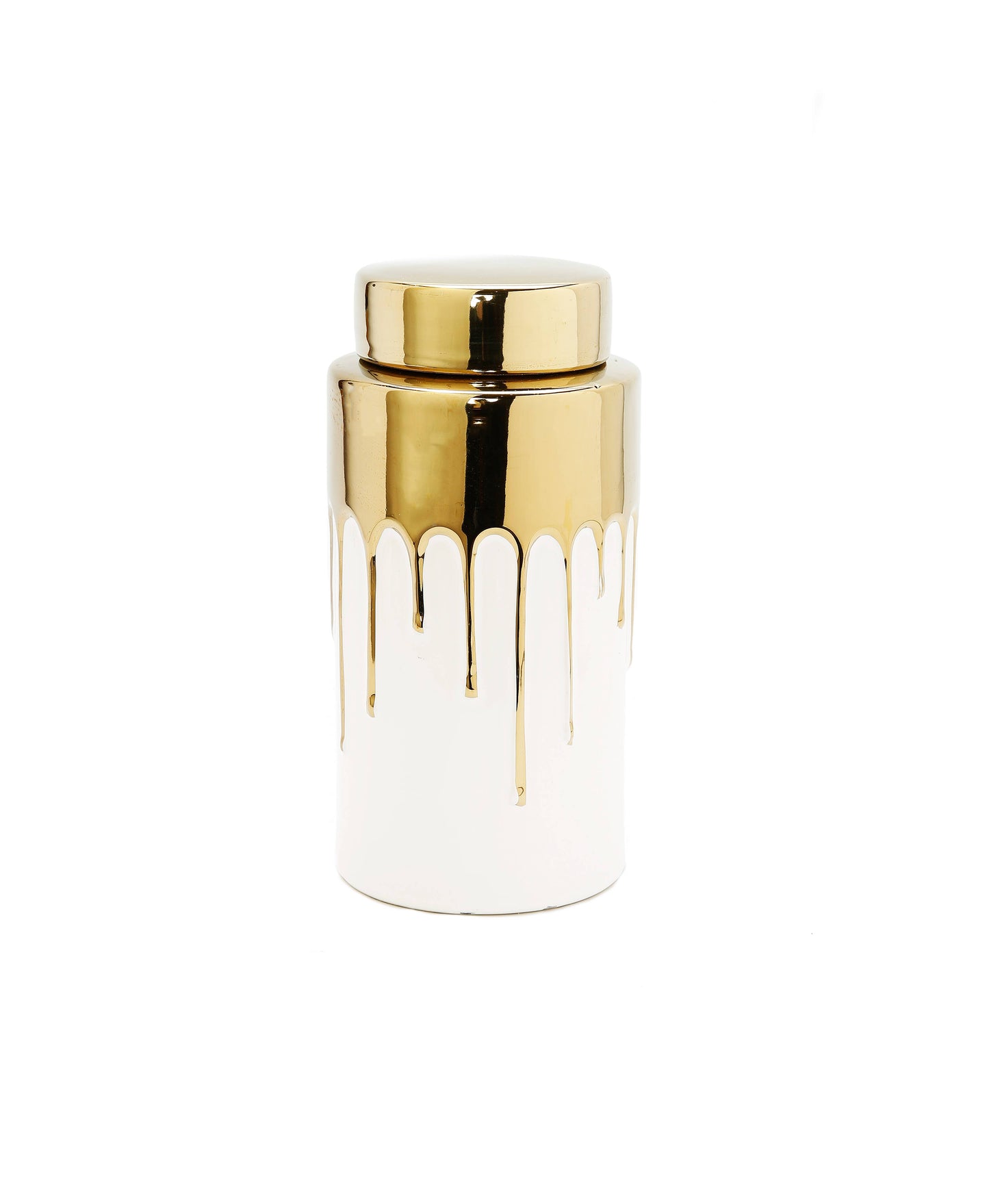 Tall White Jar with Gold Cover and Drip Design