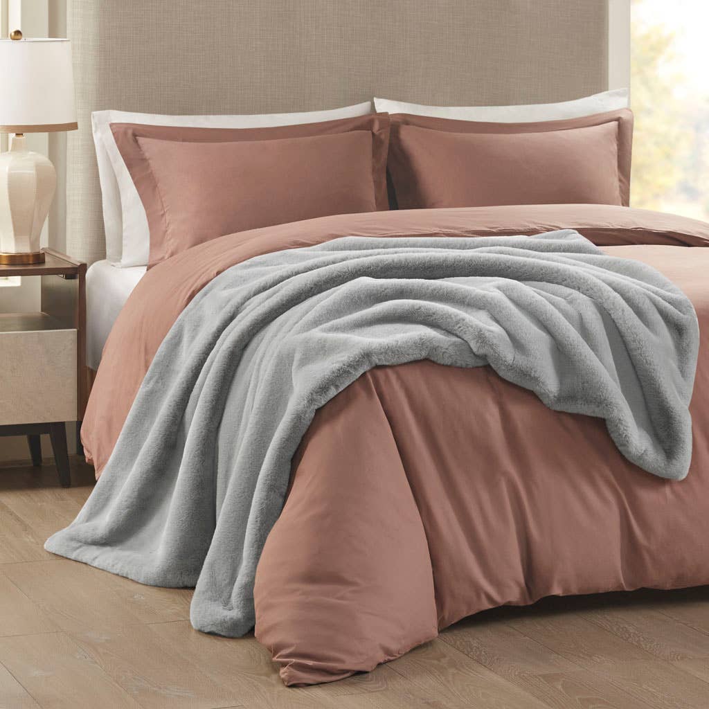 Vegan Premium Faux Fur Throw with Velvet Reverse, Grey