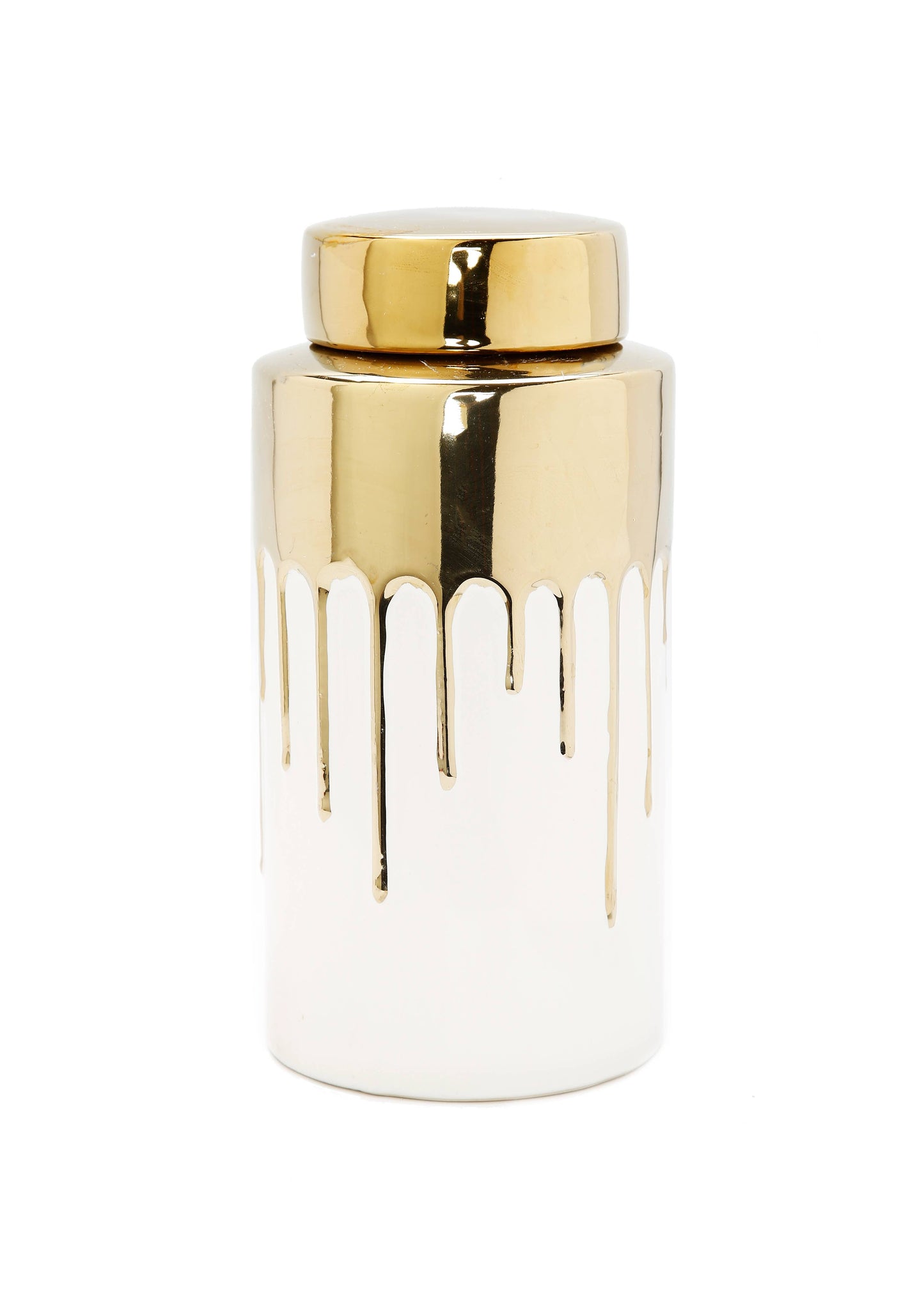 Tall White Jar with Gold Cover and Drip Design