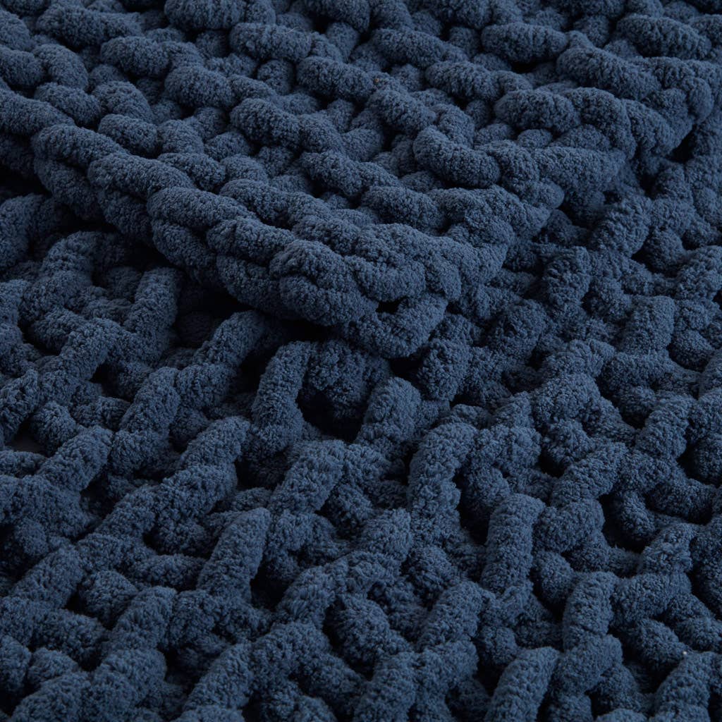 Handmade Chenille Chunky Knit Throw 50x60", Navy Blue