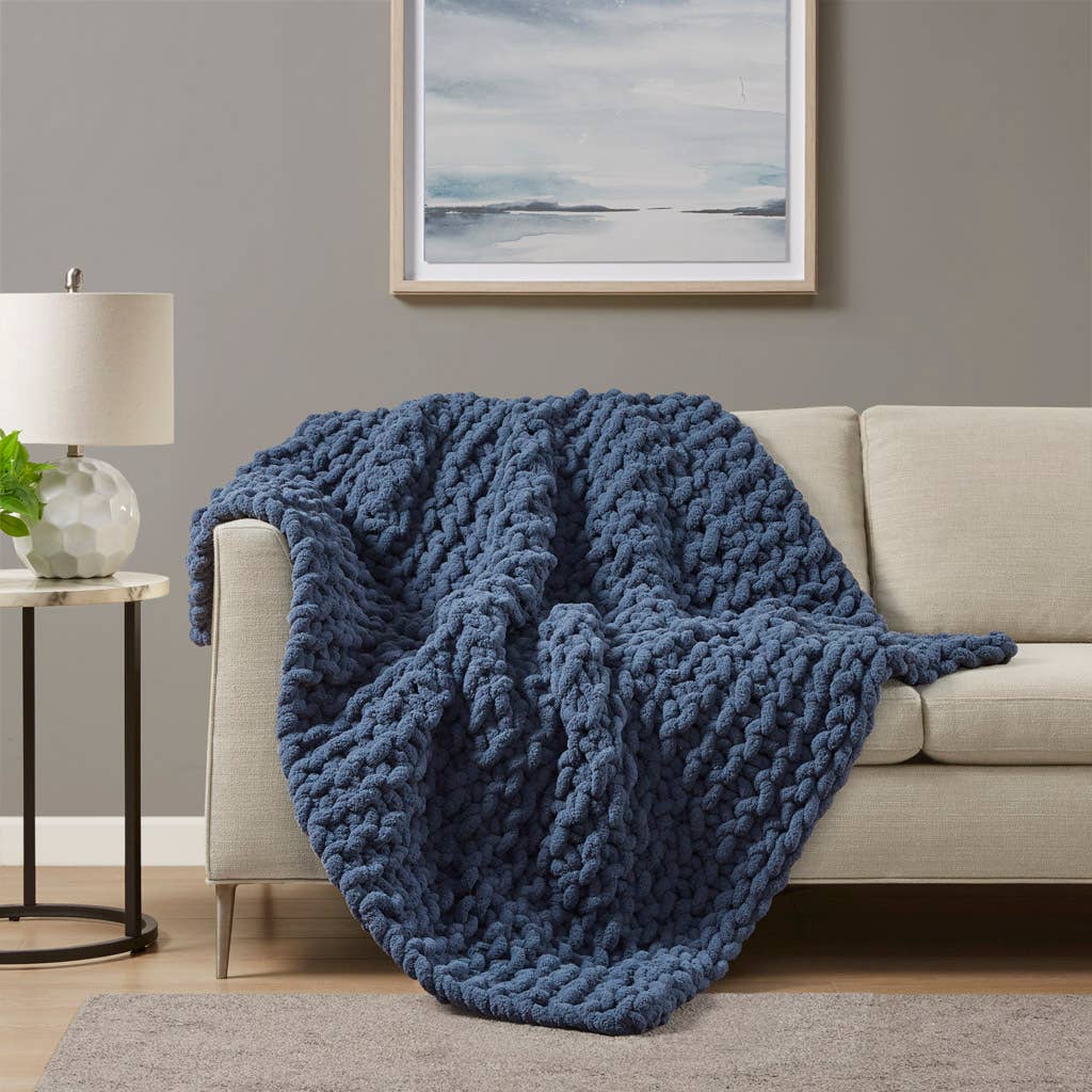 Handmade Chenille Chunky Knit Throw 50x60", Navy Blue