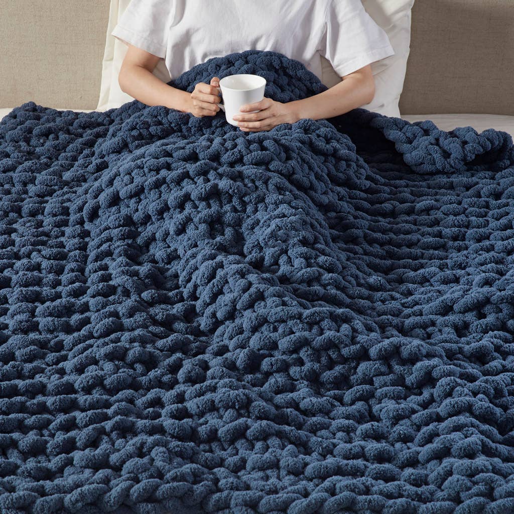 Handmade Chenille Chunky Knit Throw 50x60", Navy Blue