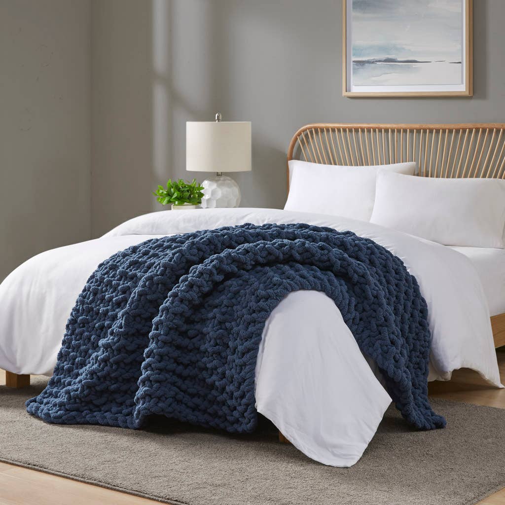 Handmade Chenille Chunky Knit Throw 50x60", Navy Blue