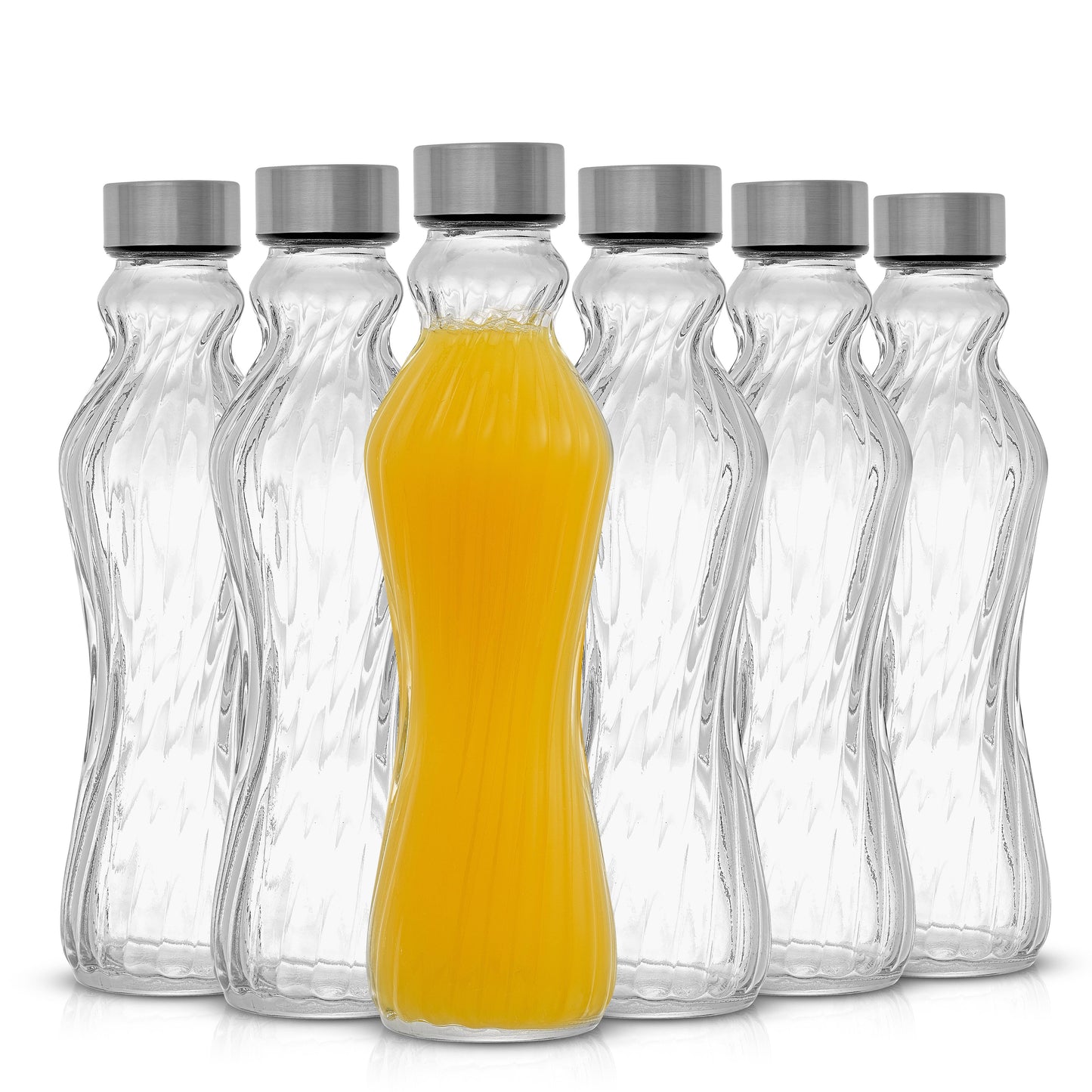 6 Fluted Glass Water Bottles with Stainless Steel Caps