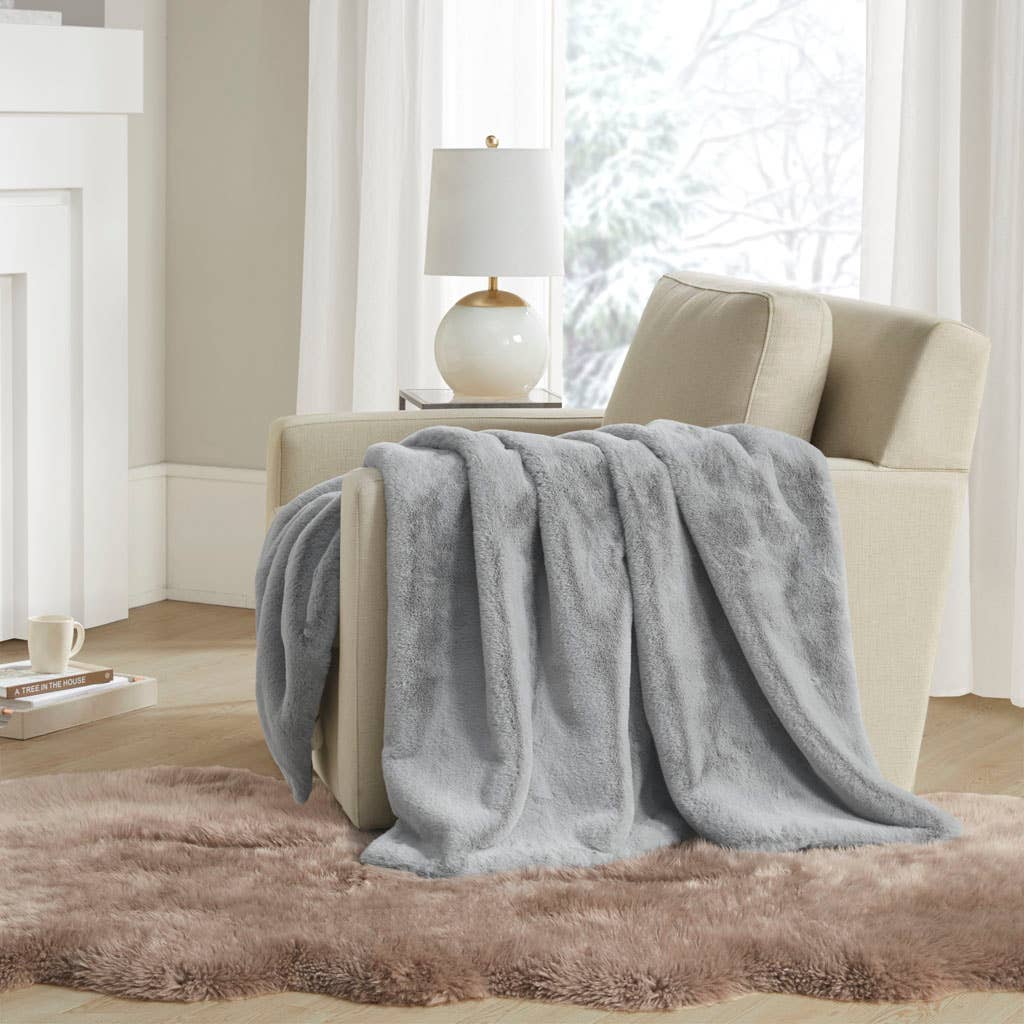 Vegan Premium Faux Fur Throw with Velvet Reverse, Grey