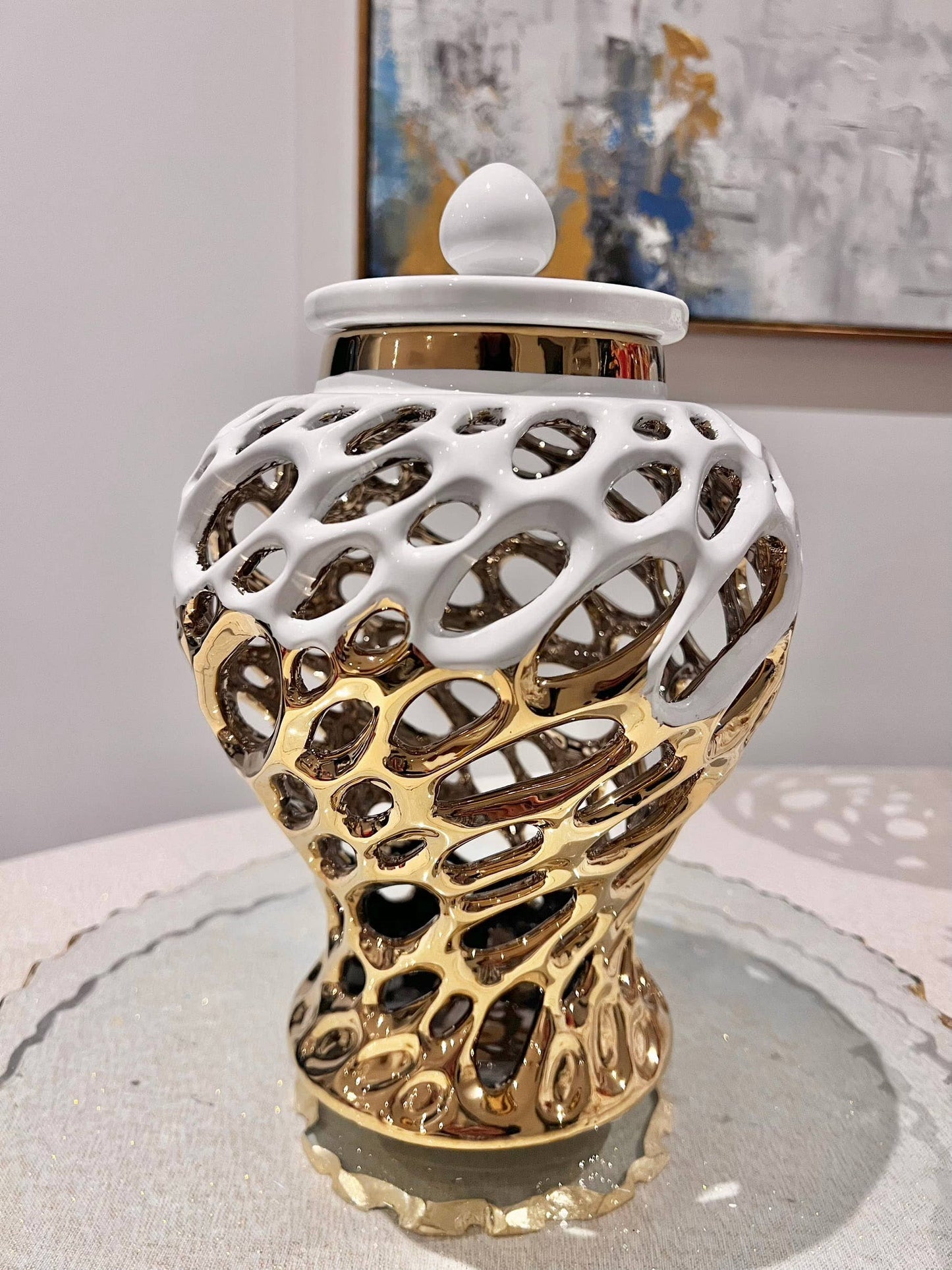 Gold and White Design Ginger Jar Medium