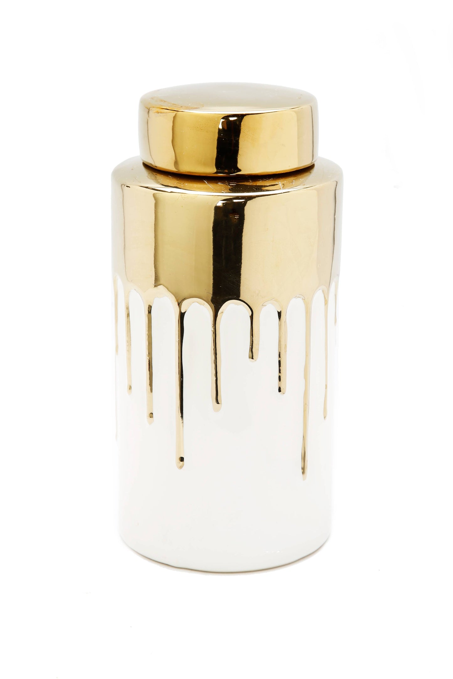 Short White Jar with Gold Cover and Drip Design