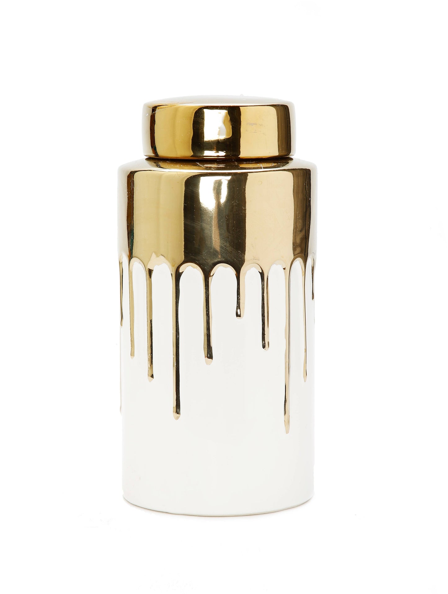 Short White Jar with Gold Cover and Drip Design